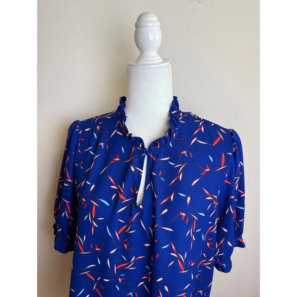 Banana Republic Blue Ruffle High Neck Puff Sleeve Abstract Leaf Print Blouse Top